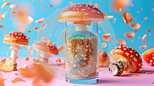 Microdosing Concept: Capsule with Crushed Amanita Mushrooms on Bright Background