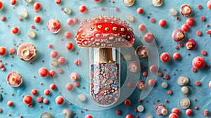 Microdosing Concept: Capsule with Crushed Amanita Mushrooms on Bright Background