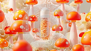 Microdosing Concept: Capsule with Crushed Amanita Mushrooms on Bright Background