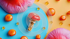 Microdosing Concept: Capsule with Crushed Amanita Mushrooms on Bright Background
