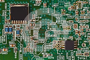 Microelectronic circuit with digital components board closeup.