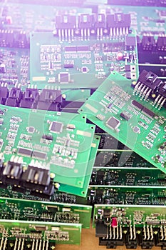 Microelectronics Concepts. Ready Automotive Printed Circuit Boards with Surface Mounted Components. PCb Lying On Top of Batch.