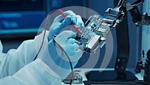 Microelectronics engineer works in a modern scientific laboratory on computing systems and microprocessors. Electronic