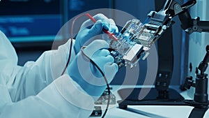 Microelectronics engineer works in a modern scientific laboratory on computing systems and microprocessors. Electronic
