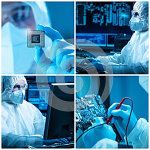 Microelectronics engineers work in a modern scientific laboratory on computing systems and microprocessors. Professional