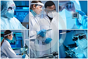 Microelectronics engineers work in a modern scientific laboratory on computing systems and microprocessors. Professional