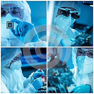 Microelectronics engineers work in a modern scientific laboratory on computing systems and microprocessors. Professional