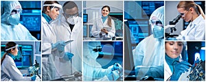 Microelectronics engineers work in a modern scientific laboratory on computing systems and microprocessors. Professional