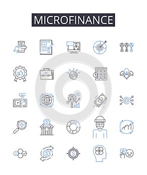 microfinance line icons collection. Crowd funding, Peer-to-peer lending, Angel investing, Venture capital, Social