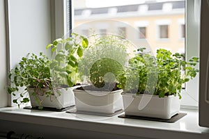 microgarden on windowsill, with herbs and veggies for cooking