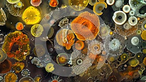 A micrograph revealing the amazing diversity of colors and shapes within an algal bloom ranging from vibrant yellows and