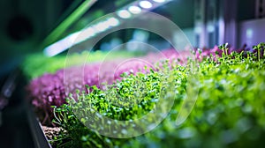 Microgreens Garden under purple LED lights in an indoor farm