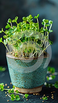 Microgreens growing in a ceramic pot., Generated AI