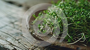 Microgreens growing on a rustic wooden plate., Generated AI