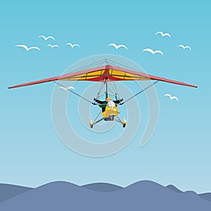 Microlight flight illustration on blue sky, vector