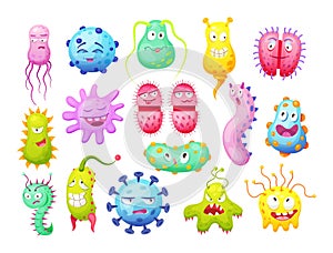 Microorganism, bacteria, microbes, cute germs, virus cell, bacillus with funny smiley faces. Viruses bacteria emoticon, microbe