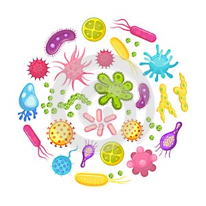 Microorganism, bacteria, virus cell, disease bacterium and fungi cells. Micro organism, diseases and viruses cartoon