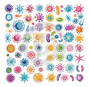 Microorganisms cartoon vector set. Cell bacteria viruses micro world living bio molecules life forms illustrations