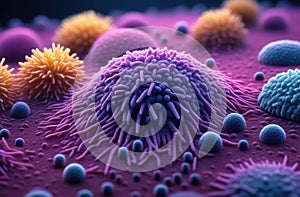 Microorganisms or germs that cause disease. Colorful virus or bacteria cells under microscope
