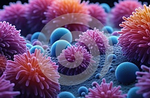 Microorganisms or germs that cause disease. Colorful virus or bacteria cells under microscope