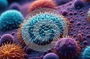 Microorganisms or germs that cause disease. Colorful virus or bacteria cells under microscope