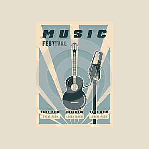 microphone and acoustic guitar vector poster vintage minimalist illustration template graphic design. song festival banner
