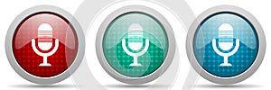 Microphone, audio, record, radio vector icon set, glossy web buttons collection