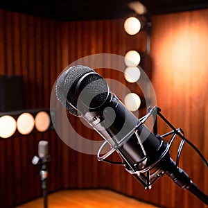 Microphone audio recording equipment in studio environment