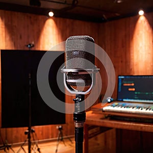 Microphone audio recording equipment in studio environment