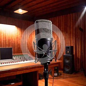 Microphone audio recording equipment in studio environment