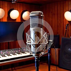 Microphone audio recording equipment in studio environment