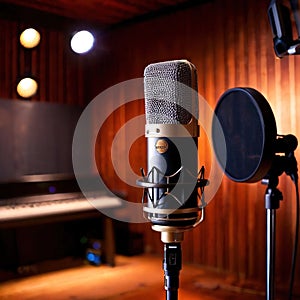 Microphone audio recording equipment in studio environment