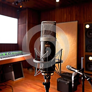 Microphone audio recording equipment in studio environment