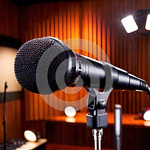 Microphone audio recording equipment in studio environment