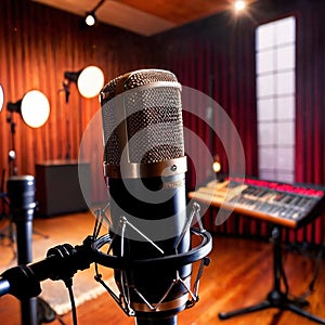 Microphone audio recording equipment in studio environment