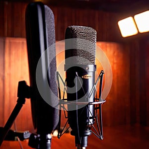 Microphone audio recording equipment in studio environment