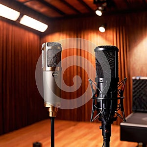 Microphone audio recording equipment in studio environment