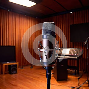Microphone audio recording equipment in studio environment