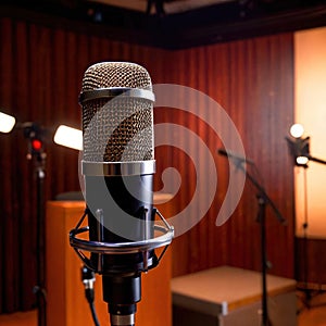 Microphone audio recording equipment in studio environment