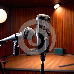 Microphone audio recording equipment in studio environment