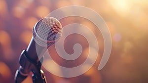 Microphone awaiting singer on stage before concert in front of crowd
