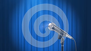 Microphone and a Blue Curtain Background, Beautiful Seamless Looped 3d Animation. 4K