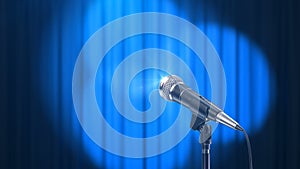 Microphone and a Blue Curtain with Rotating Spotlights, Beautiful Seamless Looped 3d Animation. 4K