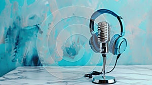The microphone with blue headphones.AI generated image