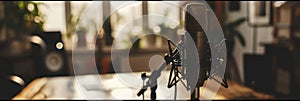 Microphone in a bright home studio with natural light,ideal for podcasters and musicians