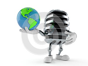 Microphone character holding world globe