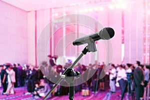 Microphone close up on Blurred many people, newspaperman, mass media seminar at Meeting room business big event hall Conference ba