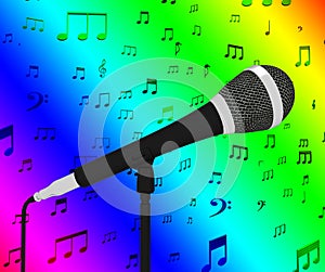 Microphone Closeup With Musical Notes Shows Songs Or Hits