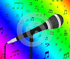 Microphone Closeup With Musical Notes Shows Songs Or Hits photo