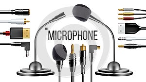 Microphone For Clothes, Voice Recording Vector. Interview Sign. Connector, Port, Usb. Vintage Concert. Audio